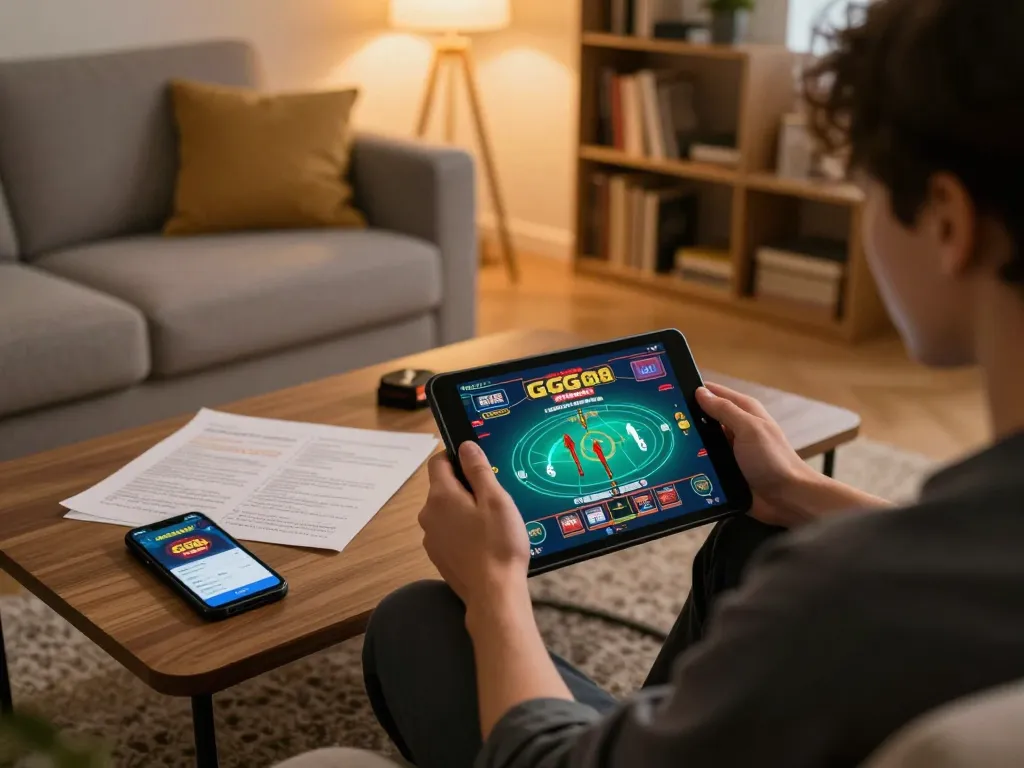 Engaged player exploring trang chủ gg88 on tablet from cozy living room, showcasing strategic gaming environment.