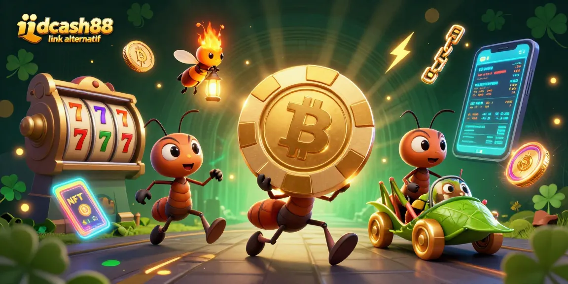 Experience the thrill of idcash88 link alternatif with animated ants heisting a golden poker chip amidst lively casino elements.