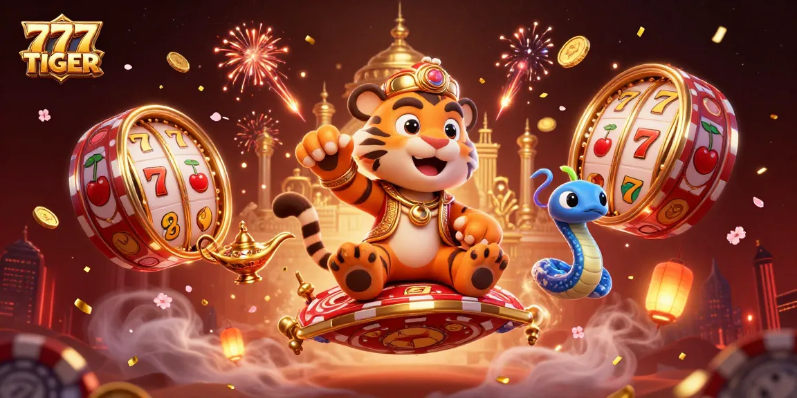 Experience the excitement with 777TIGER's vibrant casino scene showcasing slot reels and gold symbols.
