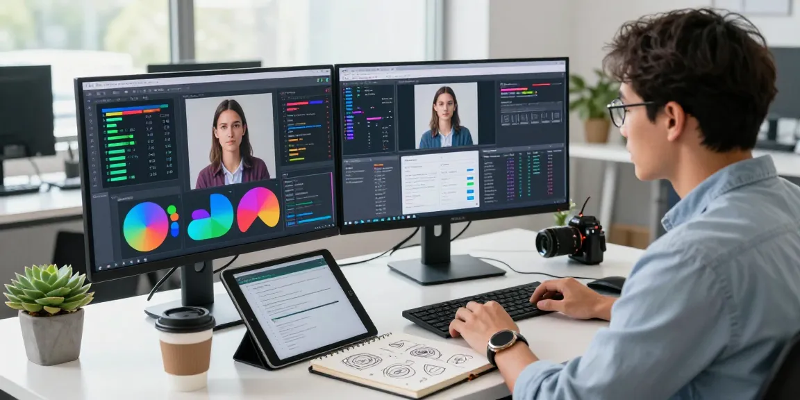 AI image detector analysis session in a modern workspace with vibrant software displays.