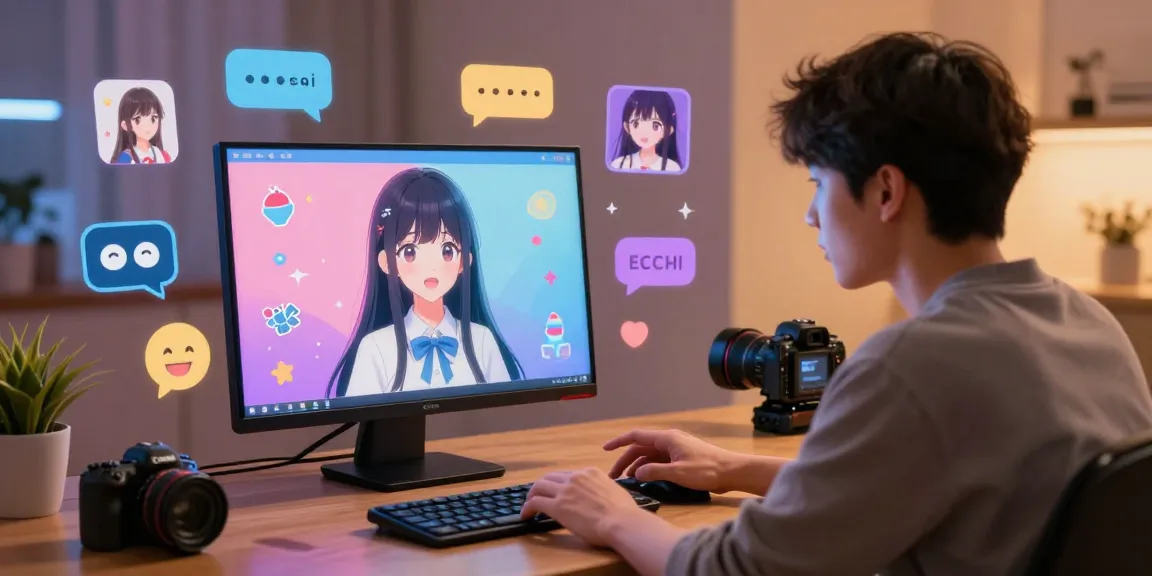 Vibrant scene of ai ecchi chat interaction between user and anime character on modern device.