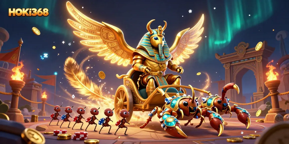 Experience exciting gaming with HOKI368, featuring dynamic characters in a rich, illustrated casino scene.