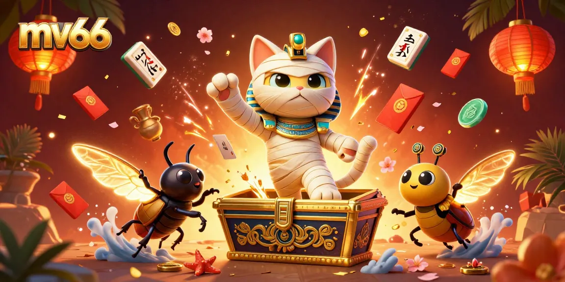 Experience the thrill of mv66 with a vibrant casino scene featuring a mummy cat and a scarab beetle.