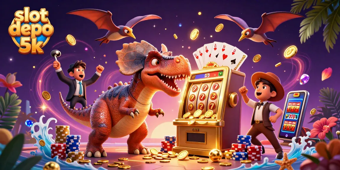 Experience the excitement of "slot depo 5k" as a cartoon dinosaur wins coins from a slot machine.