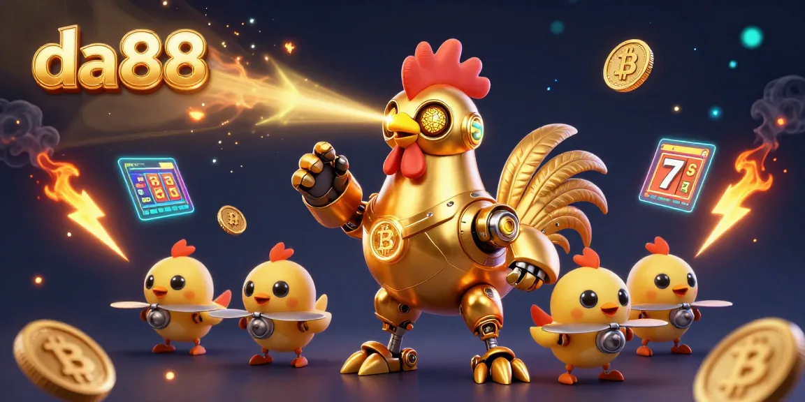 Engage in crypto slots excitement with da88's vibrant 3D illustration of a golden rooster robot.