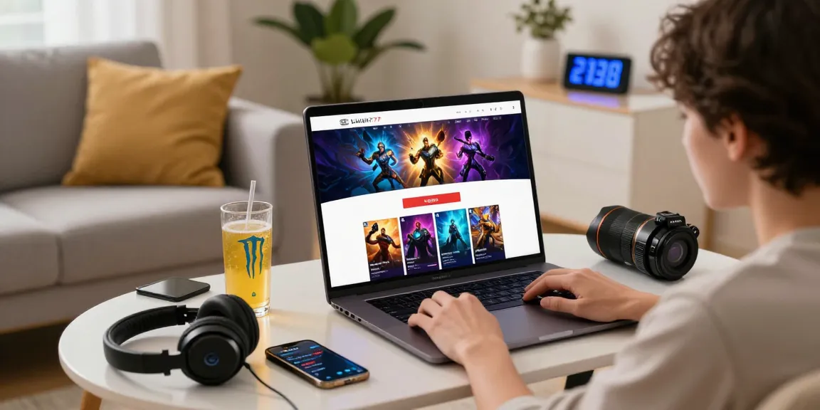 Halaman LUXURY777 Login ditampilkan di laptop dalam suasana santai, dengan aksesori permainan di sekelilingnya.
