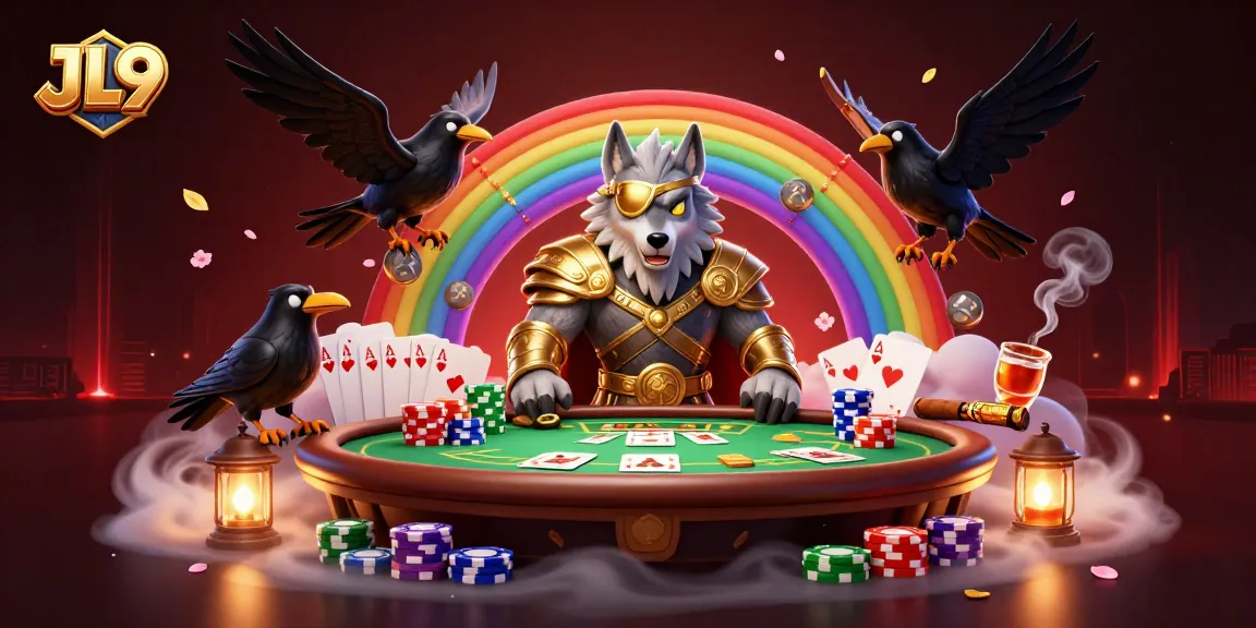 Engage in thrilling casino action at JL9 with a dynamic Norse-inspired scene filled with poker elements.