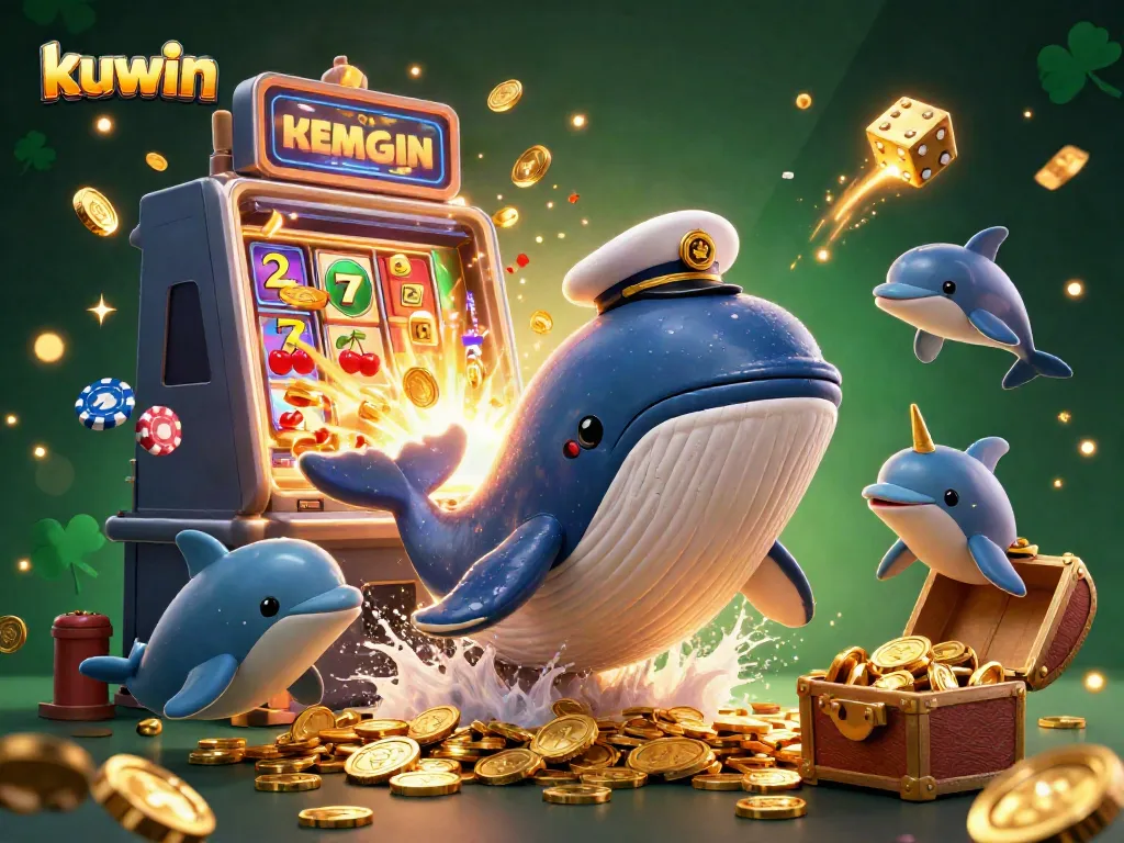 Kuwin online casino scene featuring a cartoon whale and narwhal with playful dolphins amidst casino elements like slots and poker chips.