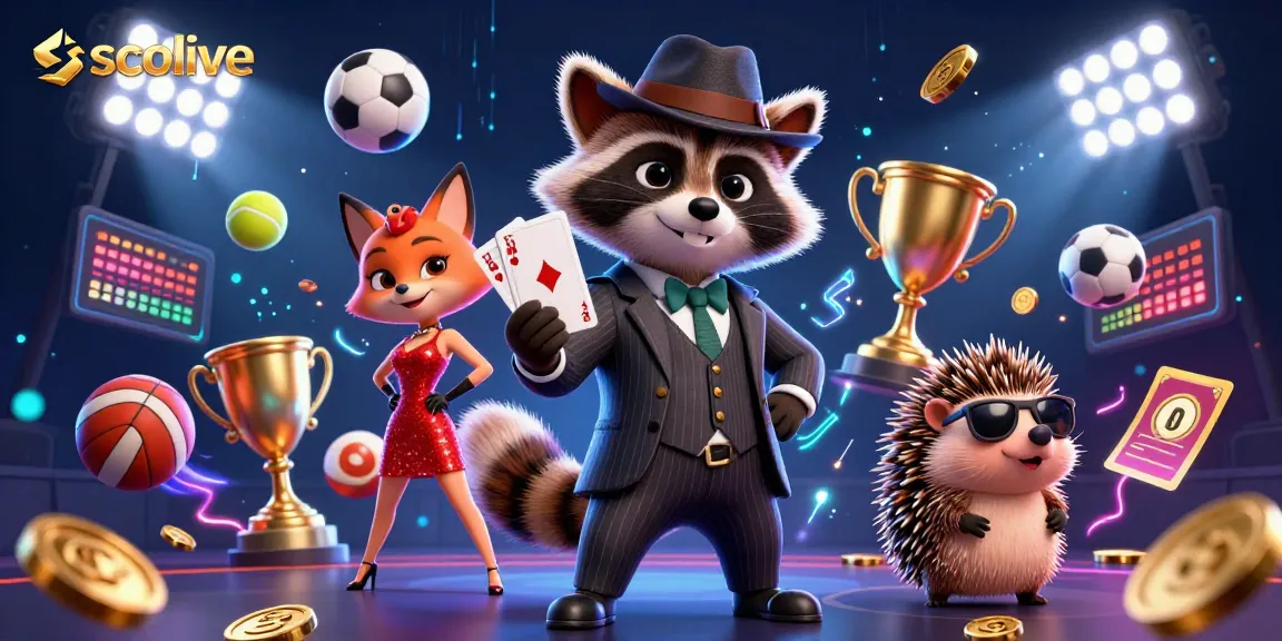 Bet on sports action with Socolive, featuring a suave raccoon and dynamic sports balls.