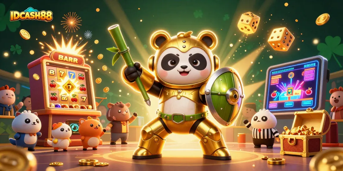 Experience thrilling slots and gaming with IDCASH88 in a vibrant, action-packed 3D casino scene.