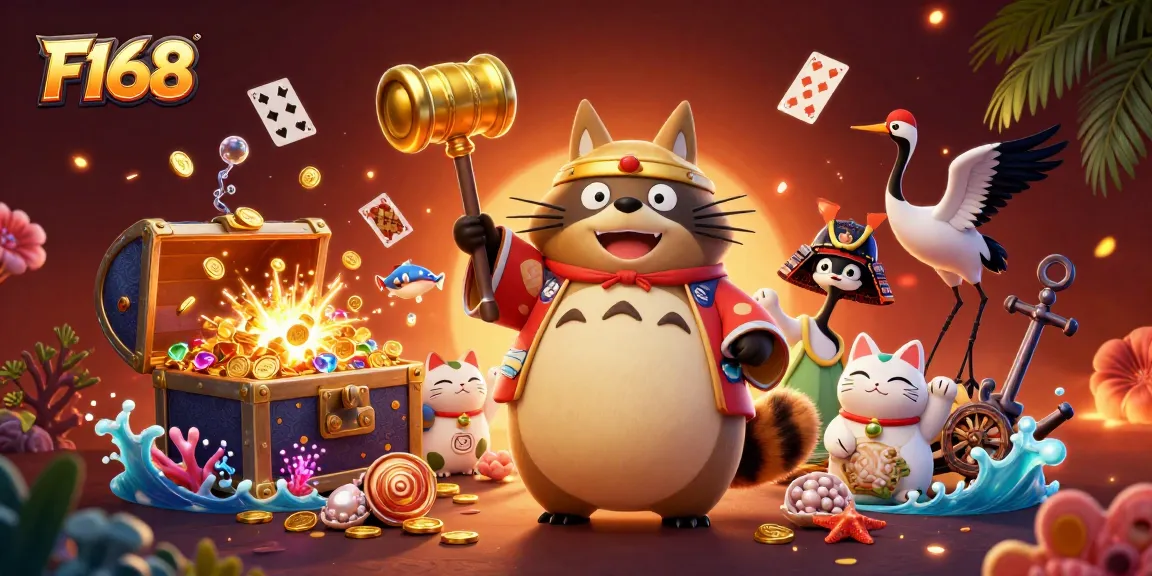 Engage with F168's vibrant casino-themed illustration, showcasing a cheerful tanuki, crane, and lucky cats amidst treasure.