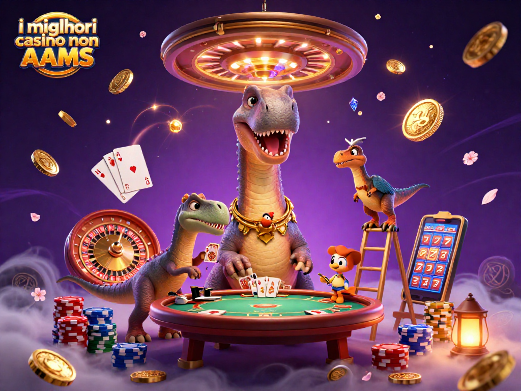 Gioca nei migliori casino non AAMS con i brontosaurs e giochi scintillanti in un'illustrazione vivace.