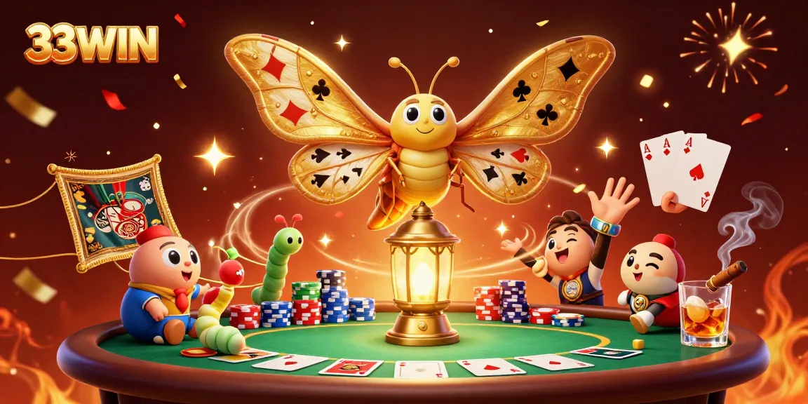 Experience excitement at 33WIN with colorful casino scenes featuring our unique atlas moth and poker elements.