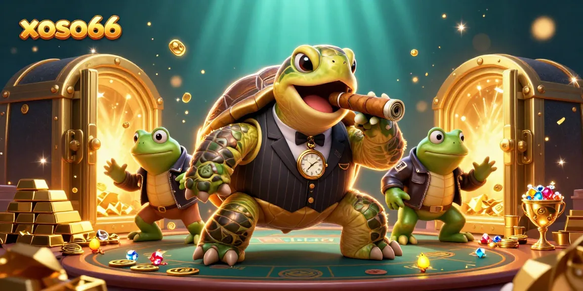 Immerse in the thrilling xoso66 casino experience with cartoon characters surrounded by treasures.