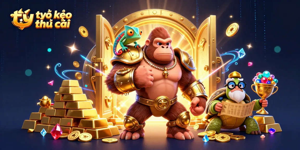 Feel the excitement with tỷ lệ kèo nhà cái as the gorilla king, chameleon spy, and tortoise elder explore treasures and betting odds.