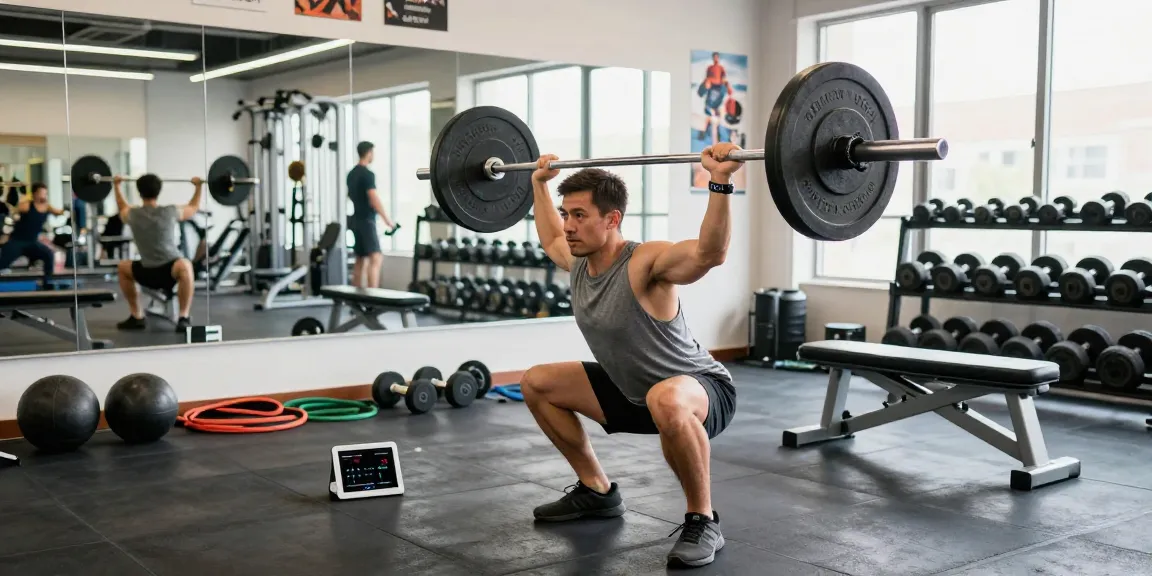 Athletischer Mann hebt Gewichte in einer modernen Fitnessumgebung und fördert den Steroidshop für das Training im Fitnessstudio.