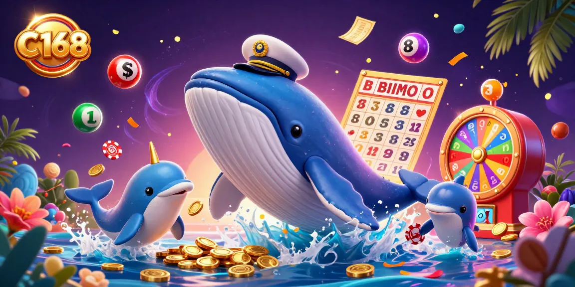 C 168 captivates players with vibrant casino elements including a whimsical whale and colorful lottery balls.