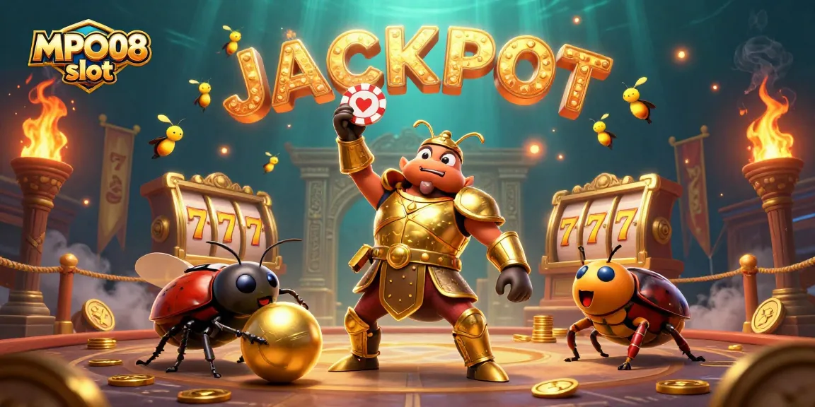 Experience the thrill of MPO08 slot with a victorious beetle and jackpot celebration.