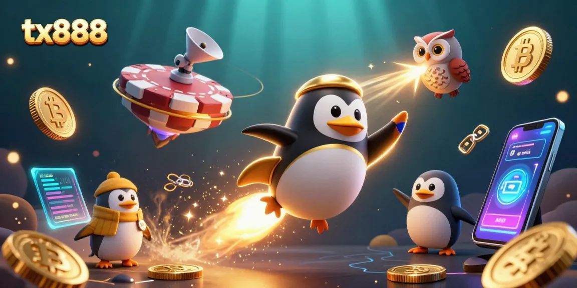 Engage with tx888 crypto casino adventure featuring a golden penguin and poker chip station in space.