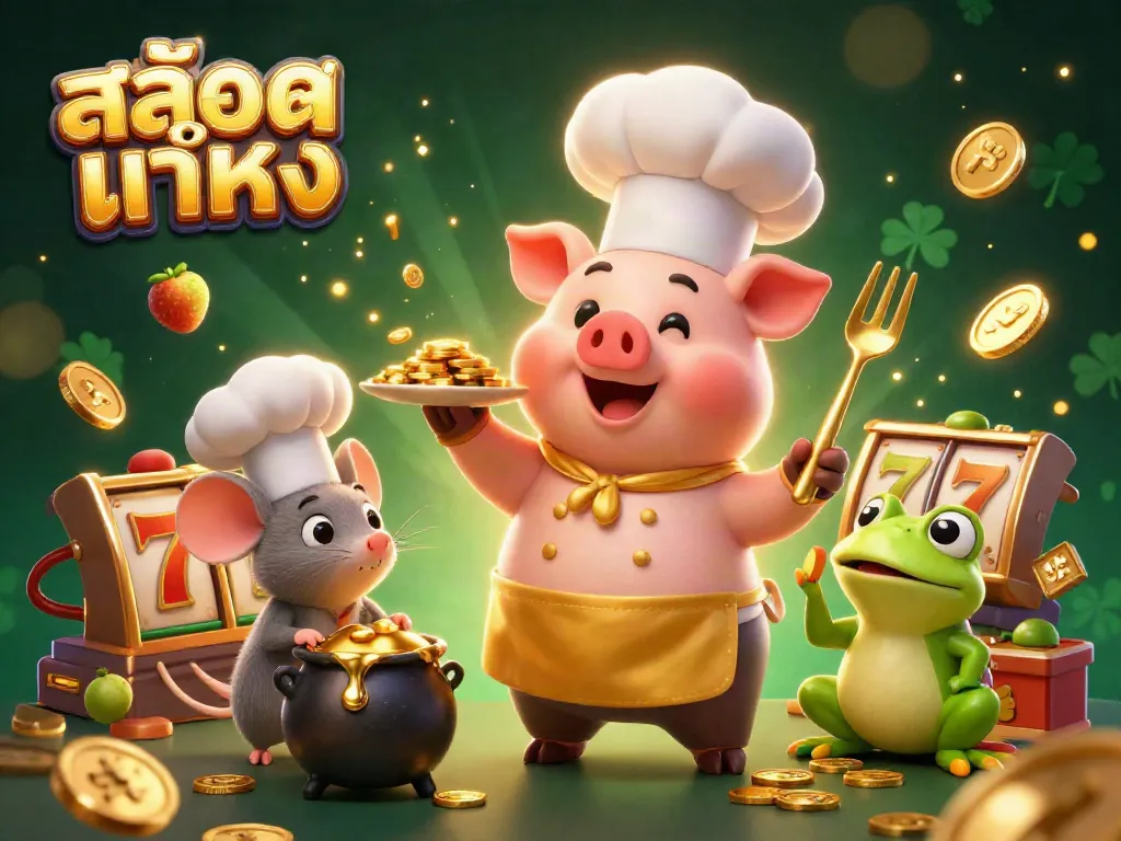 Engage with สล็อตแท้ตรง as the chef pig serves gold coins, complemented by dynamic slot elements and a vibrant casino backdrop.
