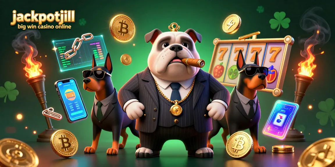 Experience excitement at jackpotjill big win casino online with a dynamic scene featuring a mafia bulldog and two Doberman guards.
