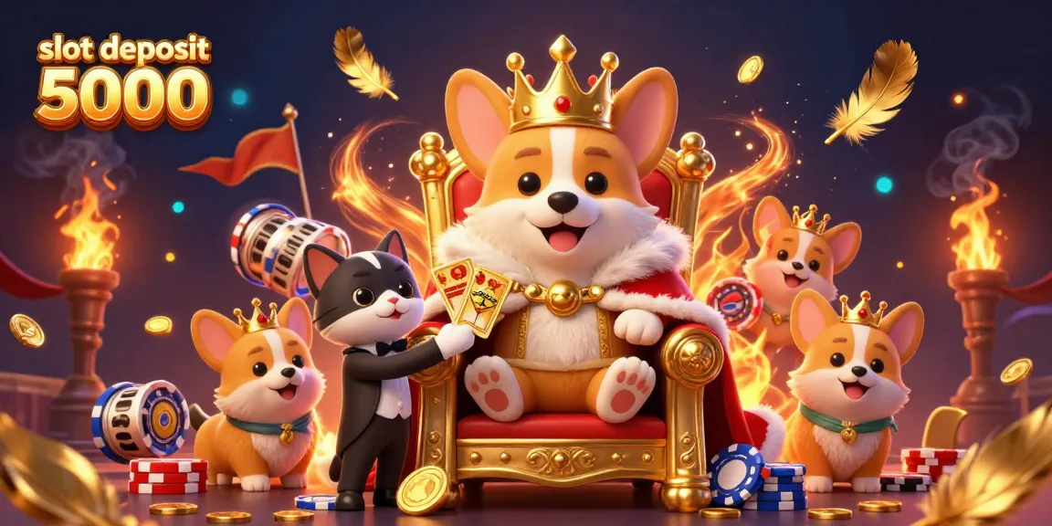 Experience the excitement of slot deposit 5000 with a whimsical royal corgi illustration set in a vibrant casino.