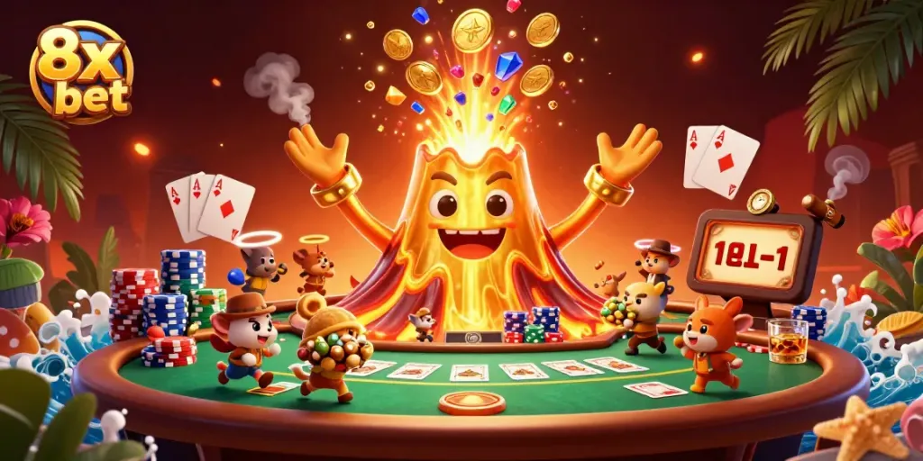 Experience the excitement of 8x bet with a golden volcano erupting treasure in a vibrant casino setting.