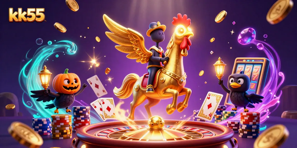 Engage with kk55's electrifying casino scene featuring golden rooster and magical elements.