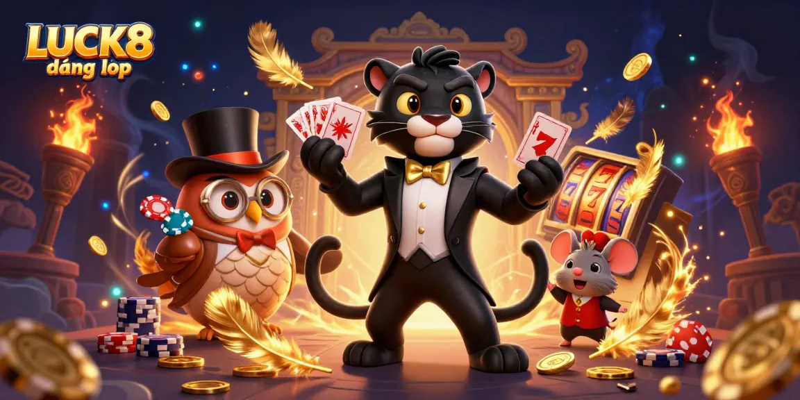 Experience LUCK8 đăng nhập with a vibrant illustration of a panther and owl amidst a dynamic casino scene.