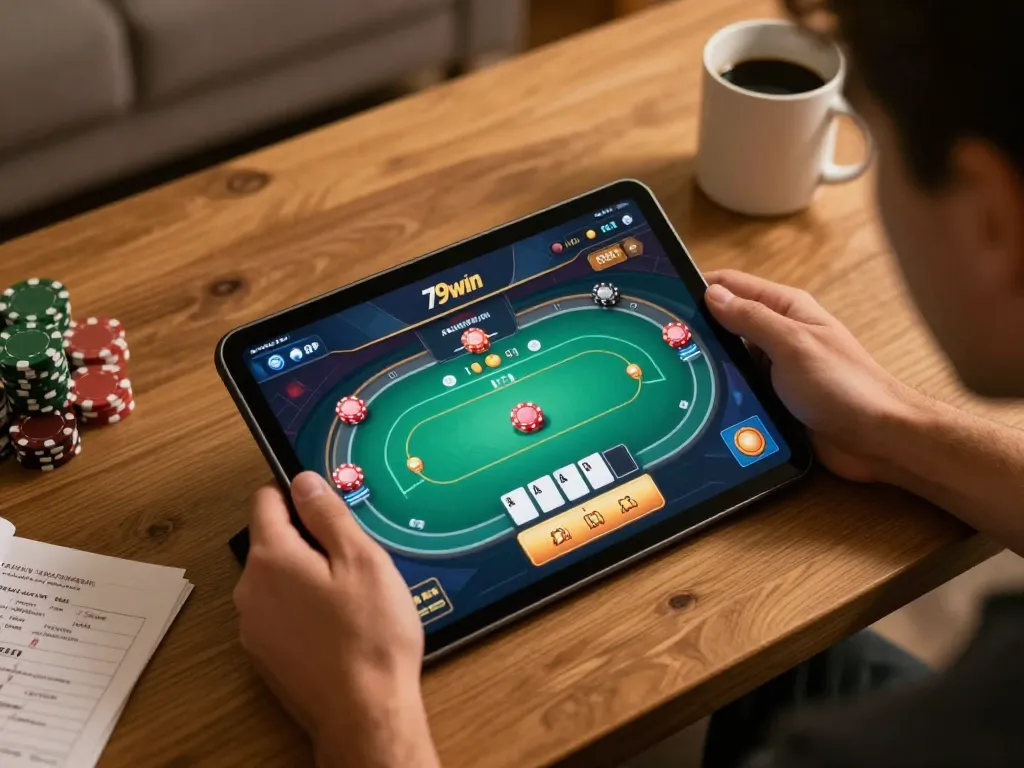Engaging online poker game on a tablet, showcasing an immersive gaming experience with 79win
