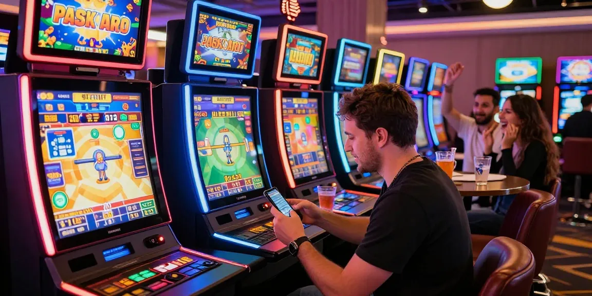 Spannende Paysafe Card Casino-Szene mit Spielern, die Spiele genießen und Smartphone-Transaktionen durchführen.