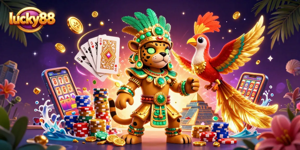 Experience lucky88 with a vibrant, dynamic scene of a Mayan priest, coins, and casino games.