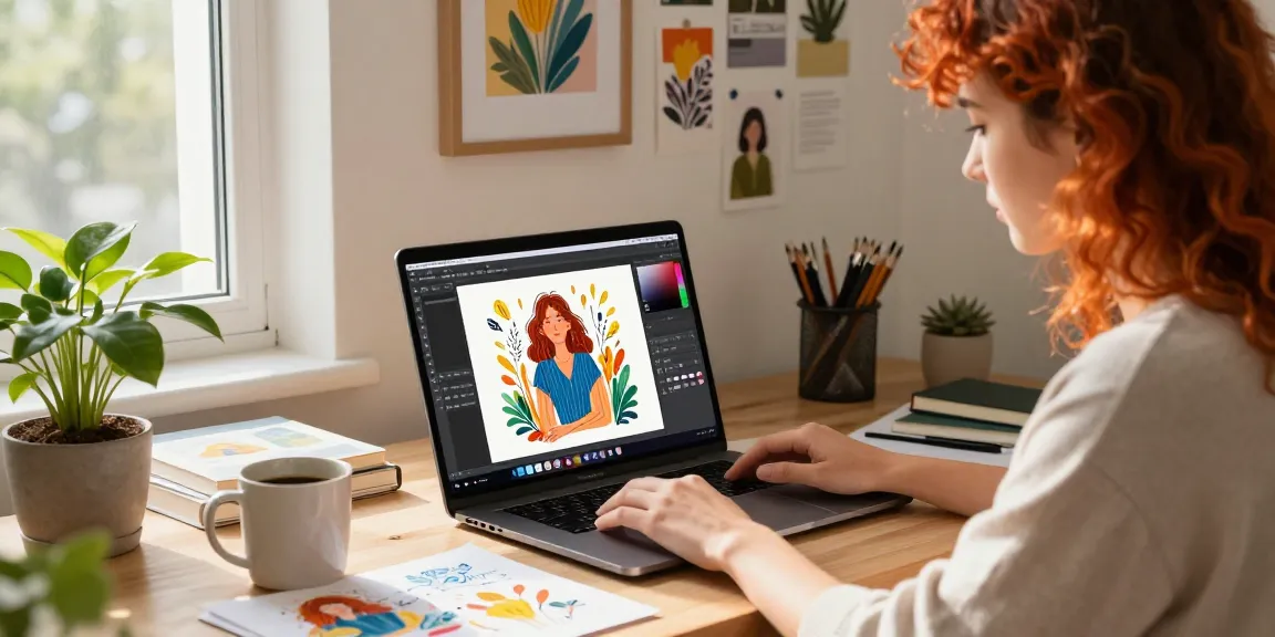 Young artist using nano banana AI image editor in a creative workspace with vibrant artwork and warm sunlight.