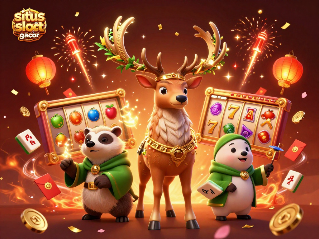 Situs slot gacor 2026, ilustrasi 3D yang menampilkan simbol slot beruntung dan karakter magis.