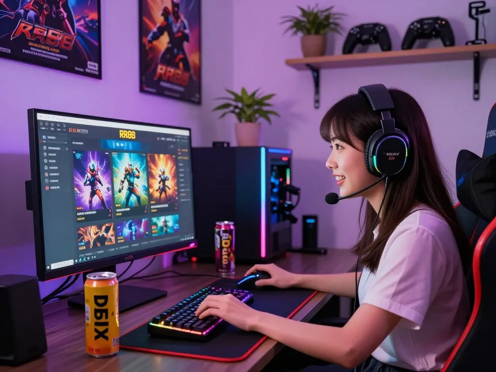 Gamer immersed in RR88.com online gaming platform, vibrant desktop setup with gaming accessories.
