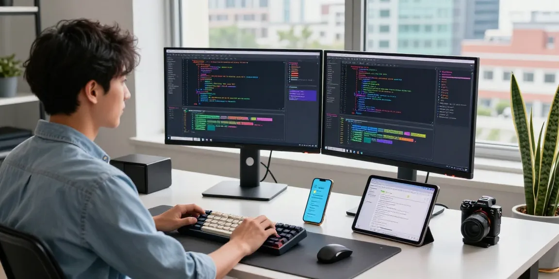 Developer at modern desk coding on telegramin-cn.com, showcasing vibrant monitors and tech workspace elements.
