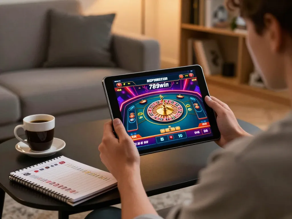 Engaging in online gaming on 789win com tablet while tracking strategies at home.