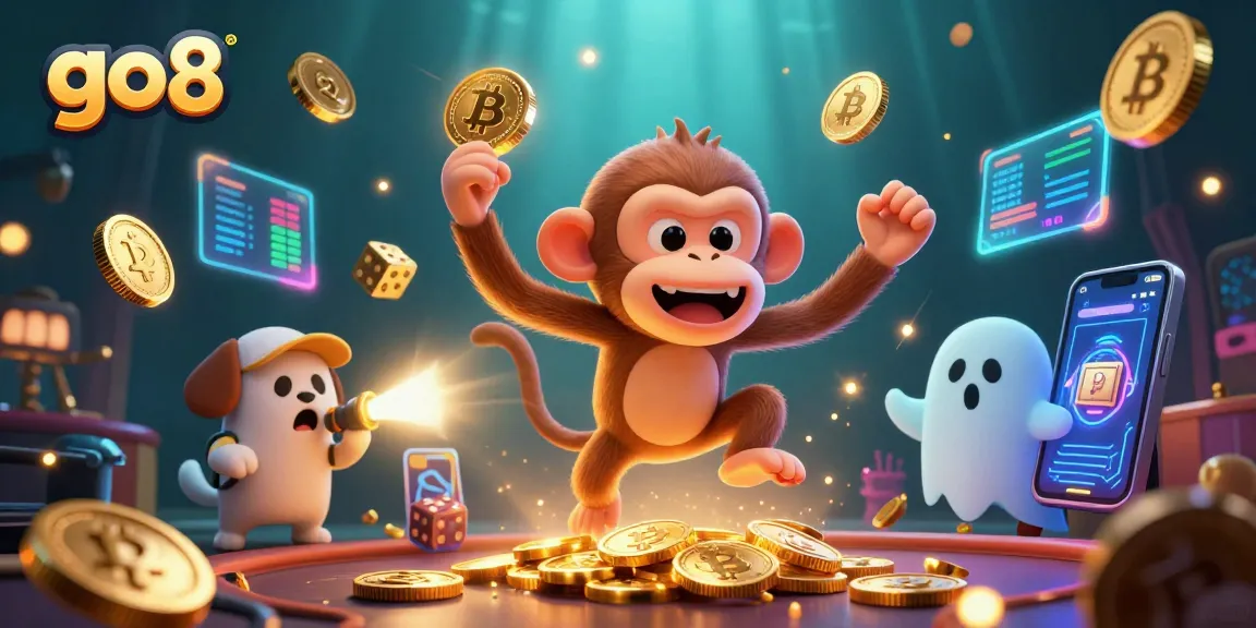 Experience the thrill of go8 with a mischievous monkey and ghost-hunter puppy in a lively casino scene.