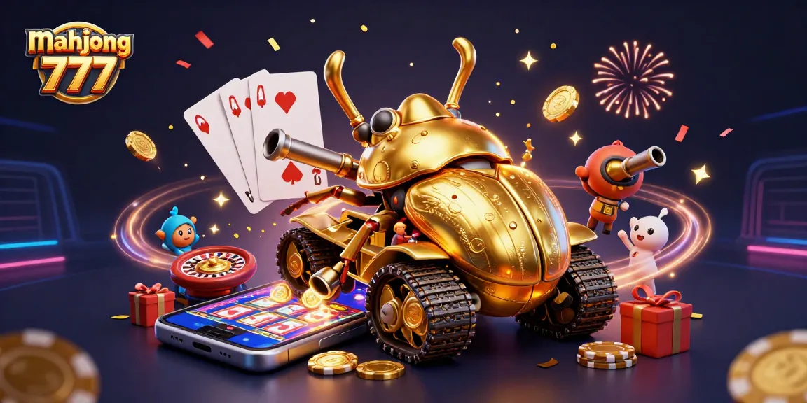 Experience mahjong 777 in a vibrant casino world with golden beetle tank and festive elements.