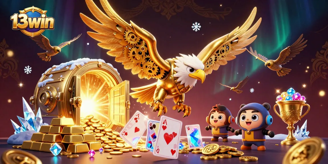 Win big with 13win in this vibrant, immersive casino scene featuring a cybernetic eagle.