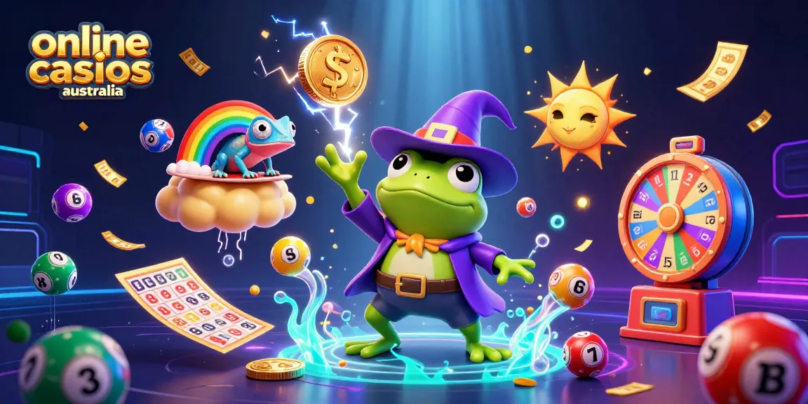 Experience the magic of online casinos Australia with a vibrant 3D illustration of a weather wizard frog generating golden coins amidst lively gaming elements.