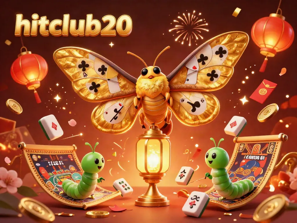Experience the excitement of hitclub20 with a vibrant 3D illustration showcasing a majestic atlas moth and festive casino elements.