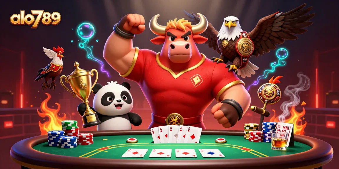 A competitive scene showcasing alo789 with a muscular bull, eagle, and panda amidst cockfighting elements.