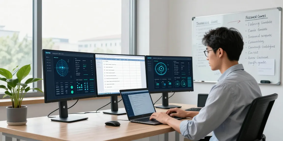 Detailed cybersecurity workspace focused on iasme cyber essentials compliance with monitoring dashboards and certification checklist.