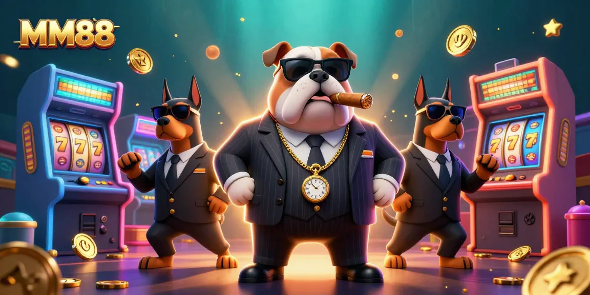 Engage with MM88 in a vibrant 3D casino scene featuring a bulldog and Doberman bodyguards amidst colorful gaming elements.