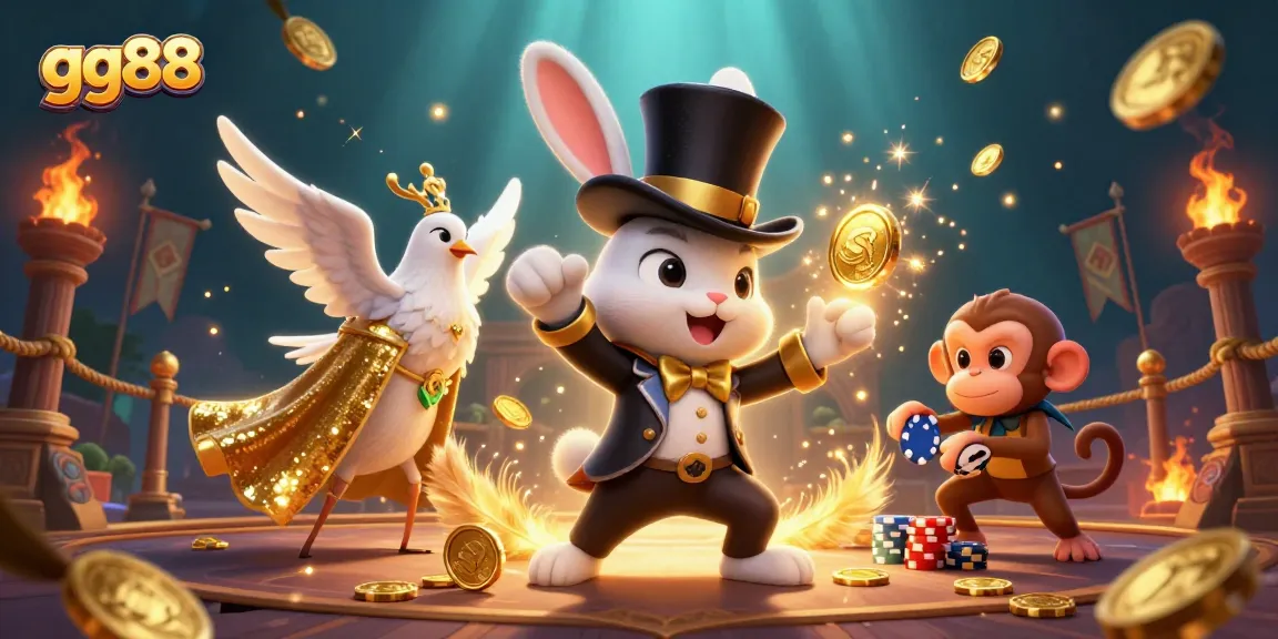 Experience the magic of gg88 with golden coins and playful characters in a vibrant casino scene.