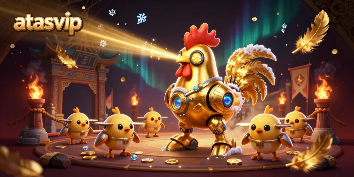 Engage in top-tier gambling with atasvip featuring a golden rooster robot in a dynamic casino setting.