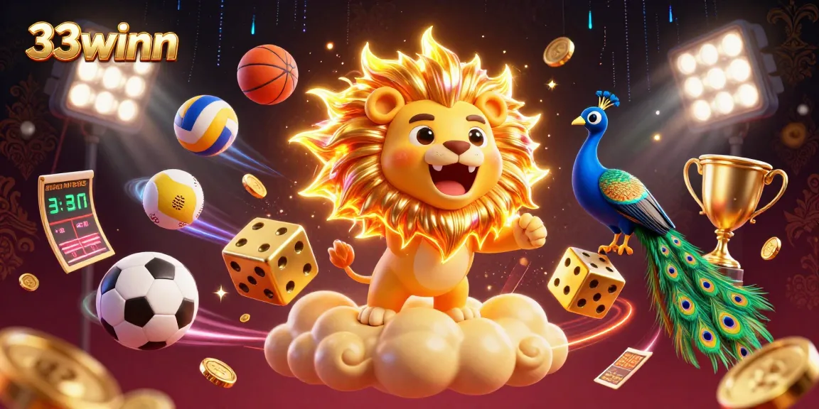 Engage with 33winn through vibrant casino-themed imagery filled with dynamic sports elements.