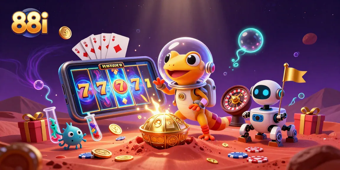 Exciting 88i Martian gecko discovers a golden casino with slot games, surrounded by cheerful alien elements.