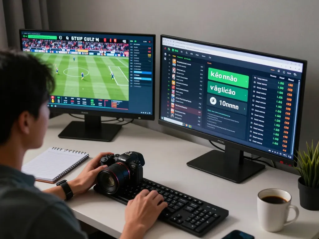 Engaging in kèo nhà cái online sports betting with multiple screens showing live odds and events.